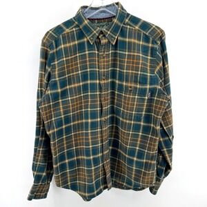 Woolrich Flannel Shirt Men Medium Green‎ Gold Plaid Button Down Rustic Outdoor
